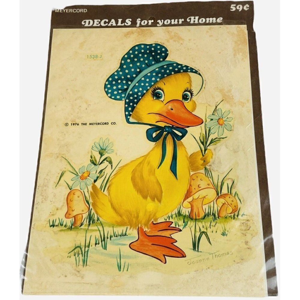 NOS Vintage 1976 Meyercord Decal Joanne Thomas Duck in Bonnet Mushrooms Kawaii